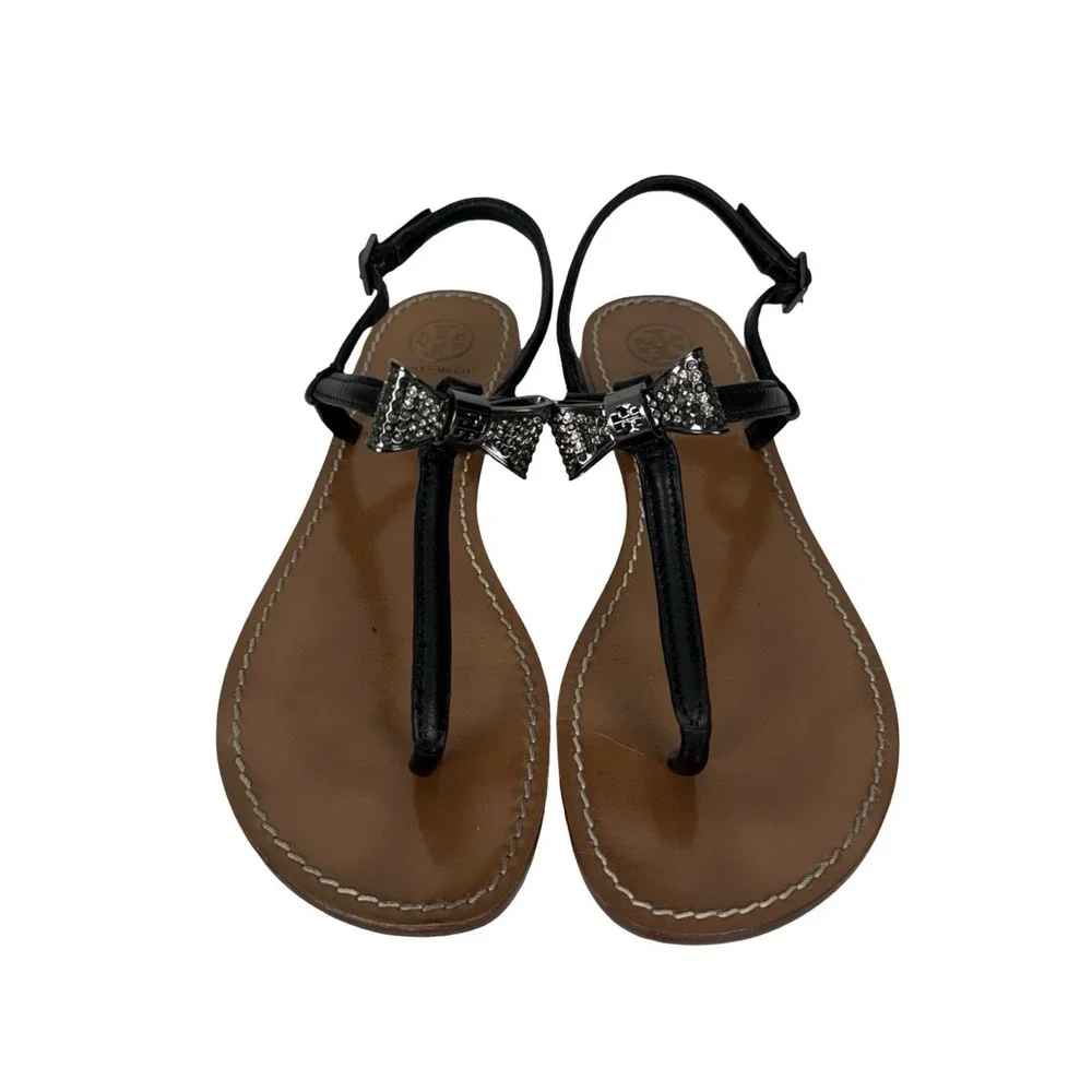 Tory Burch Bryn Pave Bow Thong Sandals US 7.5 Rhinestones Casual Leather Black